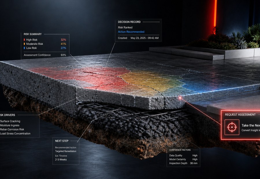Concrete failure risk visualization and mapped decision report