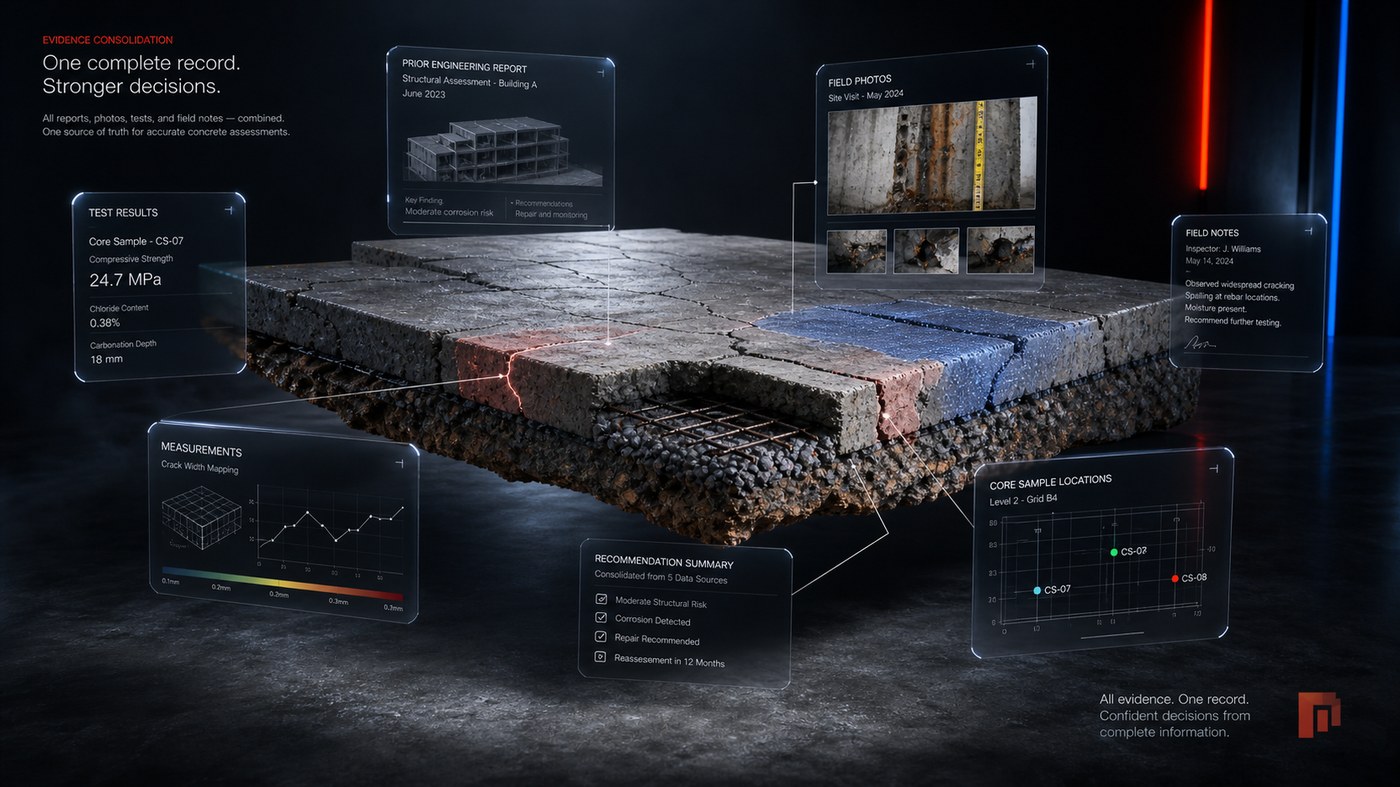 Concrete slab evidence consolidation visual with field photos, test results, notes, measurements, and recommendations