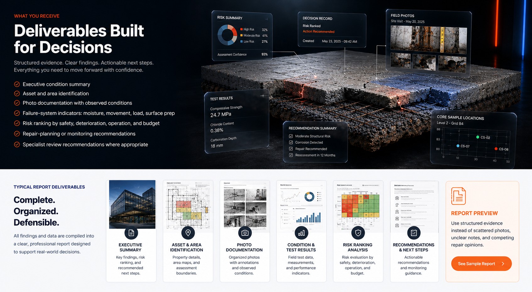 Concrete assessment deliverables section showing risk summary, decision record, field photos, test results, recommendation summary, core sample locations, report sections, and a sample report call to action