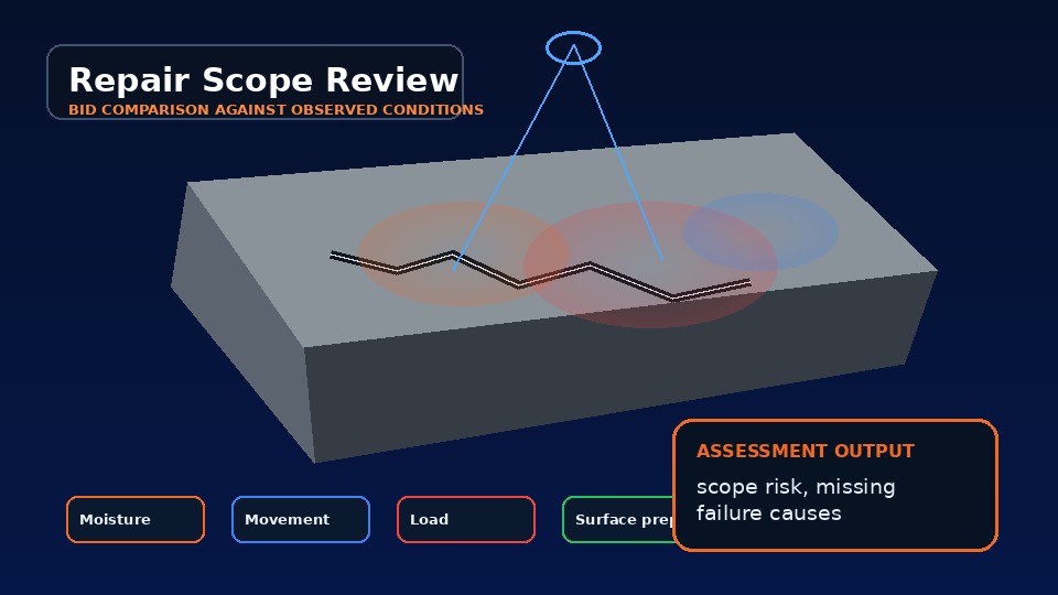 Repair Scope Review diagnostic concrete assessment visual with condition overlays